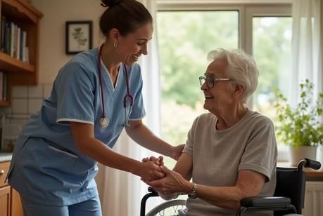 Caregiver helping an older woman at home