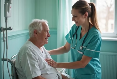 Caregiver helping an older man safely at home
